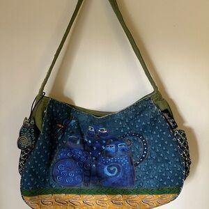 Laurel Burch Green and Blue Cat Design Shoulder Bag